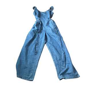 Indulge Denim Wide Leg Jumpsuit Tie Waist Strap SIZE S